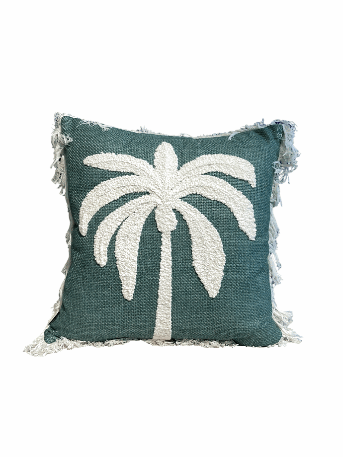 Green Handwoven Palm tree cushion by Decortextil