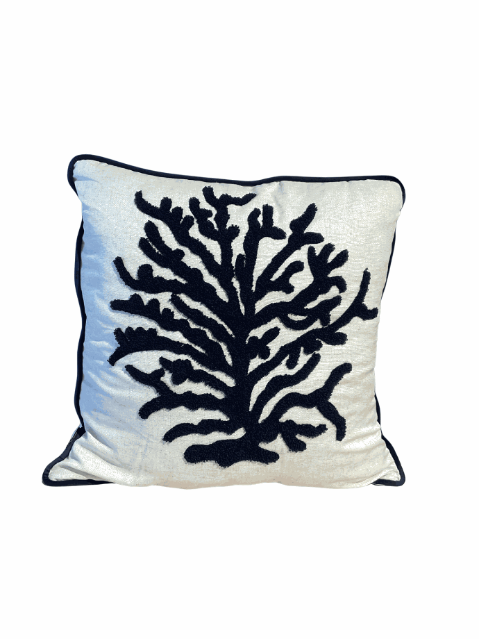 Navy coral reef embroidered linen cushion by Decortextil