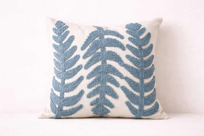 Blue ocean fern embroidered cushion cover by Decortextil