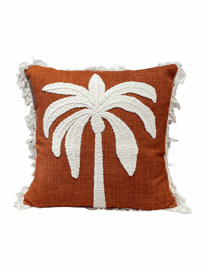 Terracotta coastal palm tree fringe cushion by Decortextil