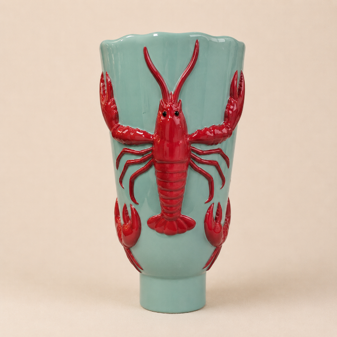 Vase Light Blue & Red Lobster with Base by Camistef Design