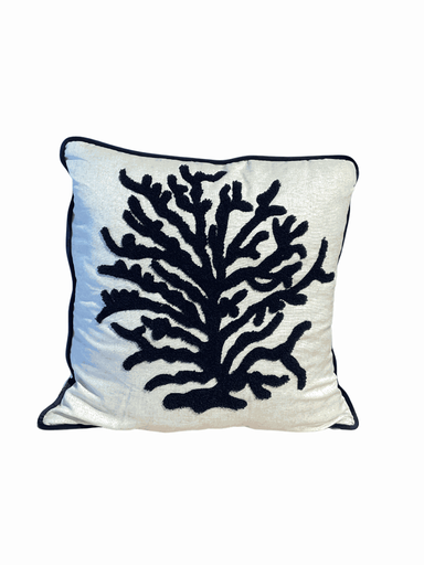 Navy coral reef embroidered linen cushion by Decortextil