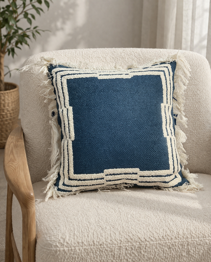 [dec000033] Cushion Cover Border Fringe Navy BY DECORTEXTIL