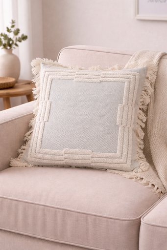 [dec00002] Beige Border Fringe Cushion Cover By Decortextil